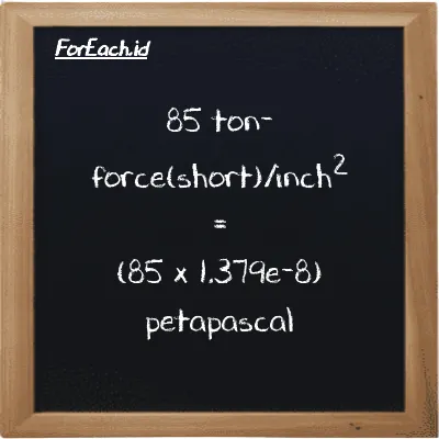How to convert ton-force(short)/inch<sup>2</sup> to petapascal: 85 ton-force(short)/inch<sup>2</sup> (tf/in<sup>2</sup>) is equivalent to 85 times 1.379e-8 petapascal (PPa)